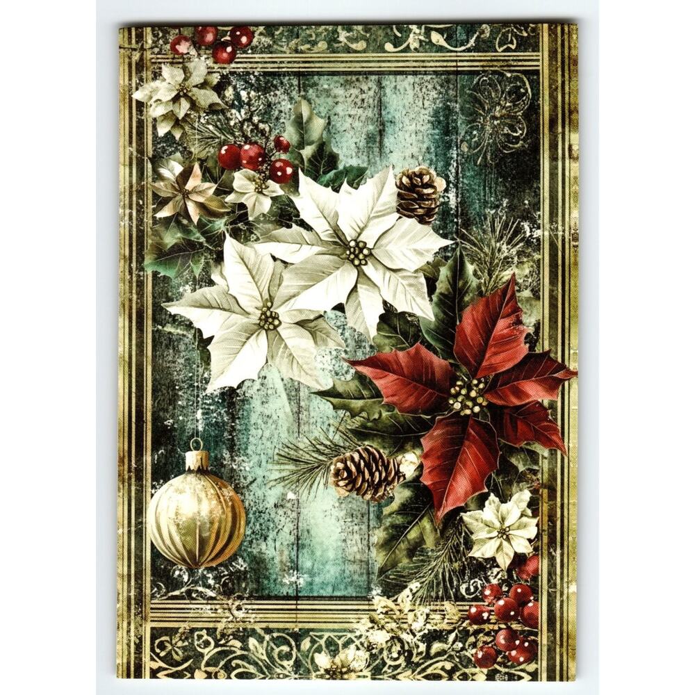 Vintage Christmas Lithograph Postcard with Poinsettias & Pinecones